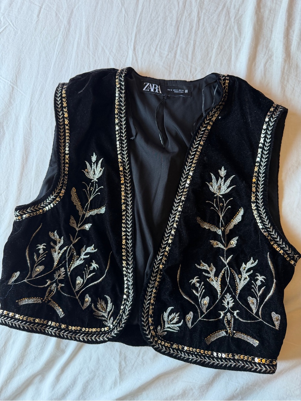 Zara Black Velvet Embroidered Vest with Metallic Floral Detail